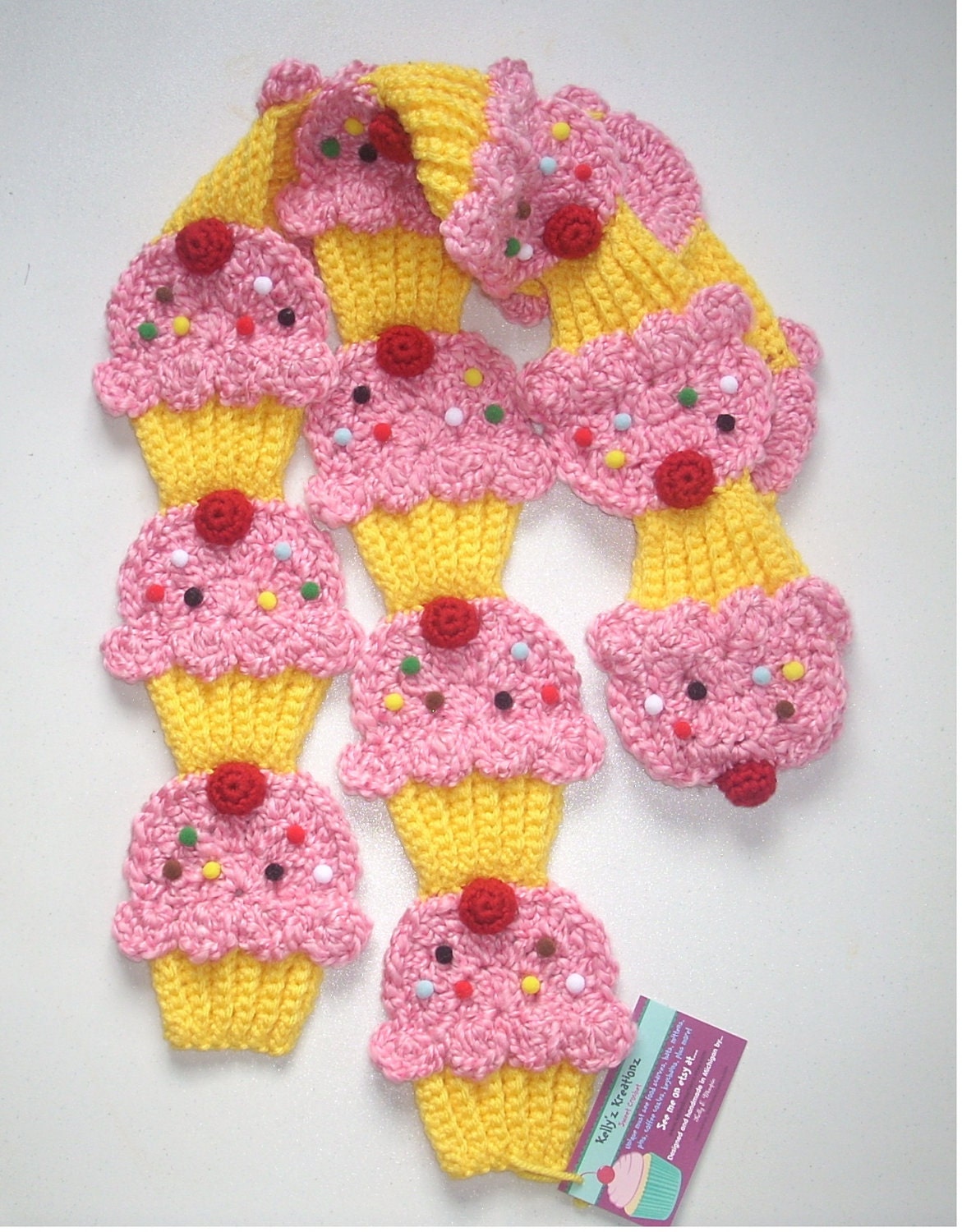 Rare Find Pink Cotton Candy Yellow Cupcakes Scarf 3D Cherry sprinkles Made To Order