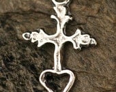 Tiny Milagro Cross with Open Heart in Sterling Silver
