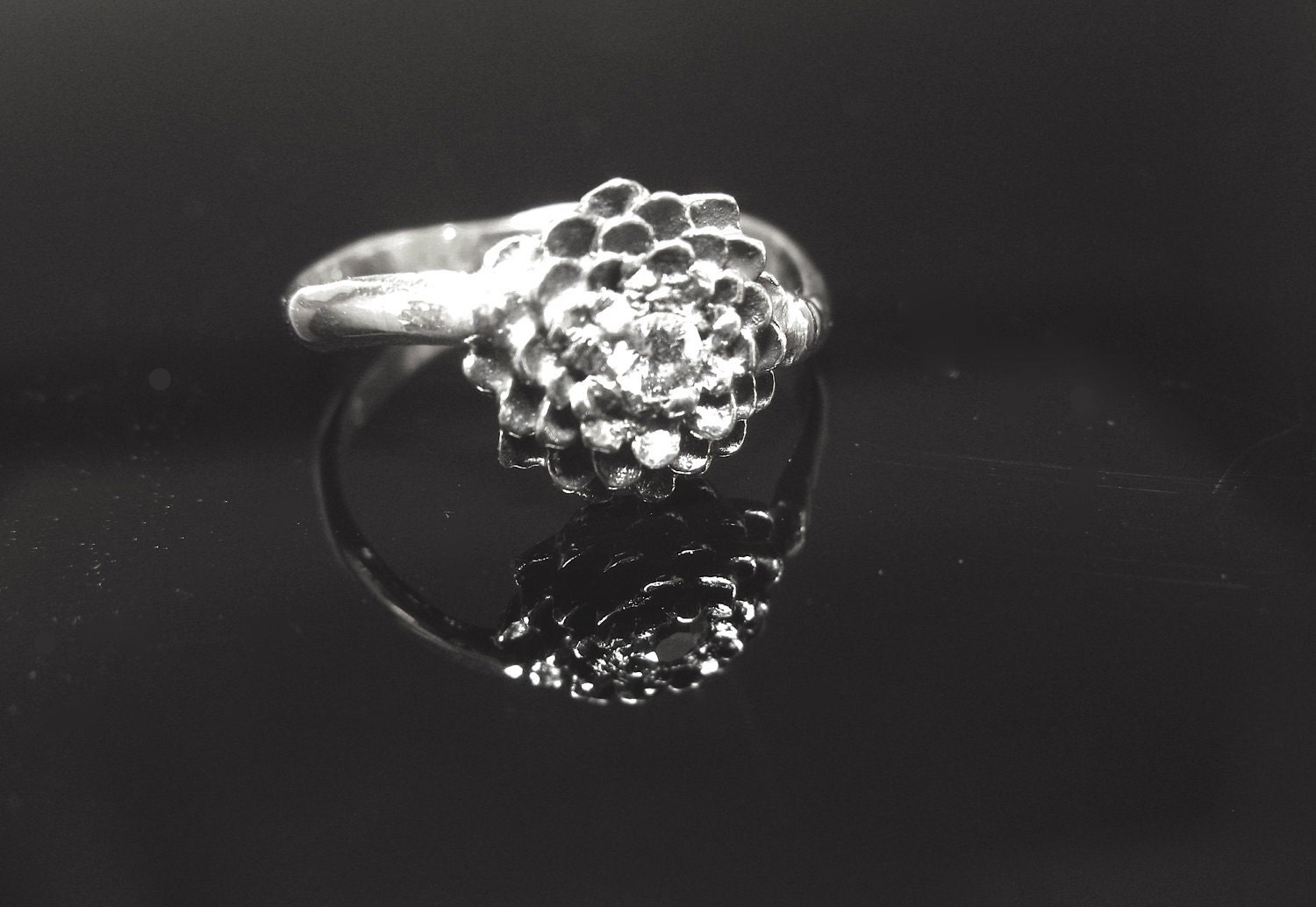 Custom Black & White Dahlia Vine Ring Sterling Silver VS Sapphire