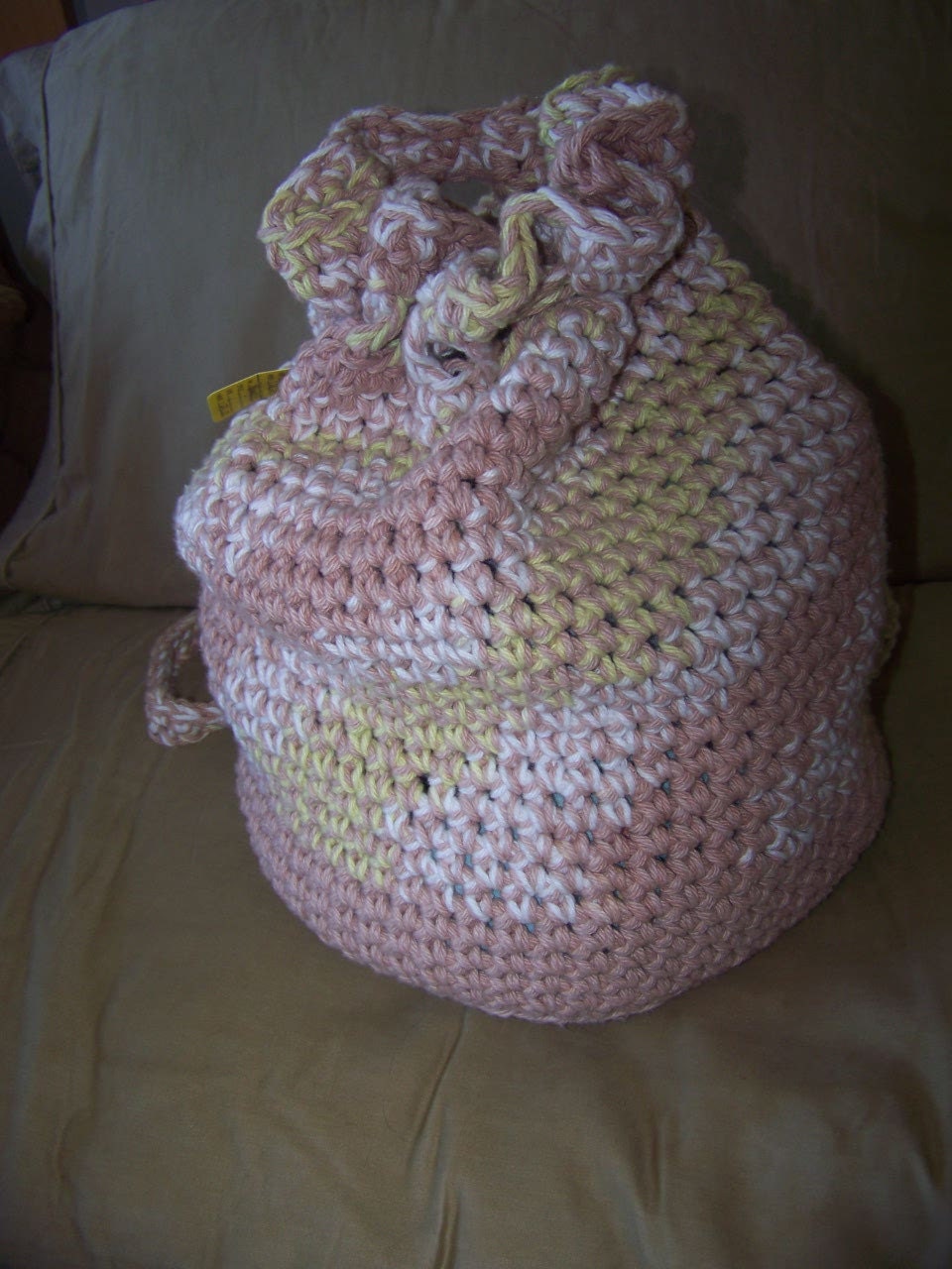 Cotton Beach Bag, Backpack, Drawstrings, Earthtone colors, Handmade, Crochet