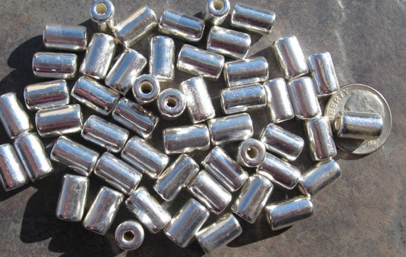 SILVER Mykonos Greek Ceramic Beads SMALL TUBES - Barrels Large Holed Metalized 6x10mm Beads
