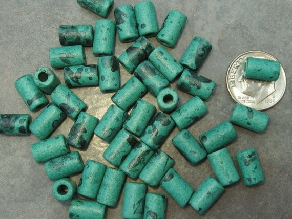 15 MALACHITE Greek Ceramic Beads Small Tube 6x10mm