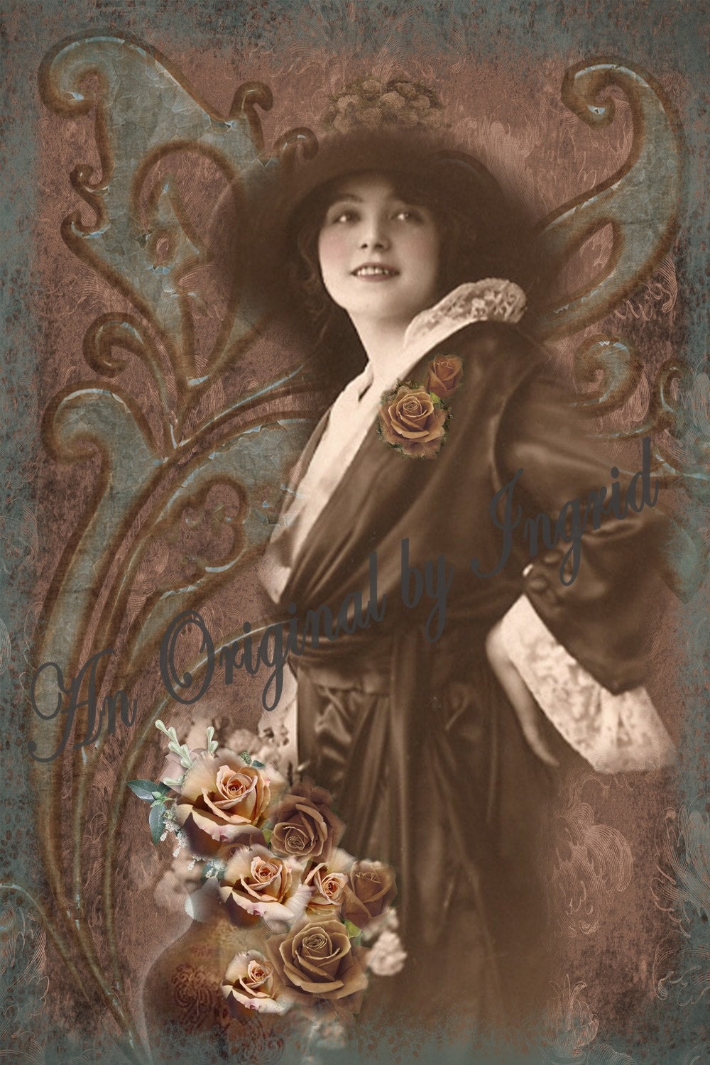 Beautiful Lady in Brown Digital Collage Greeting Card (Suitable for Framing)