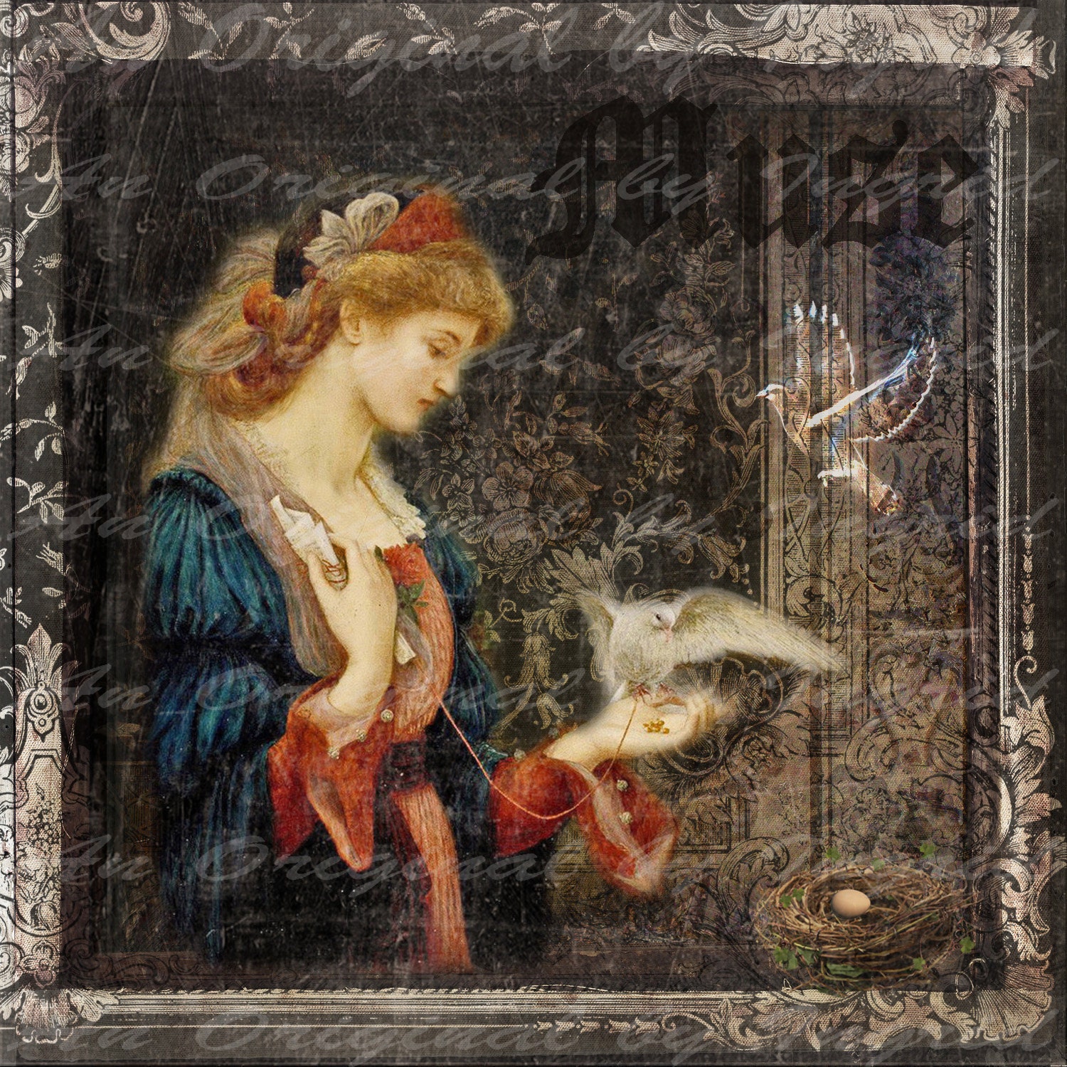 Maiden with Dove Digital Collage Greeting Card (Suitable for Framing)