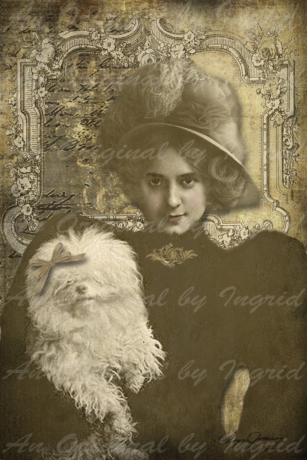 Victorian Lady with Dog Digital Collage Greeting Card (Suitable for Framing)