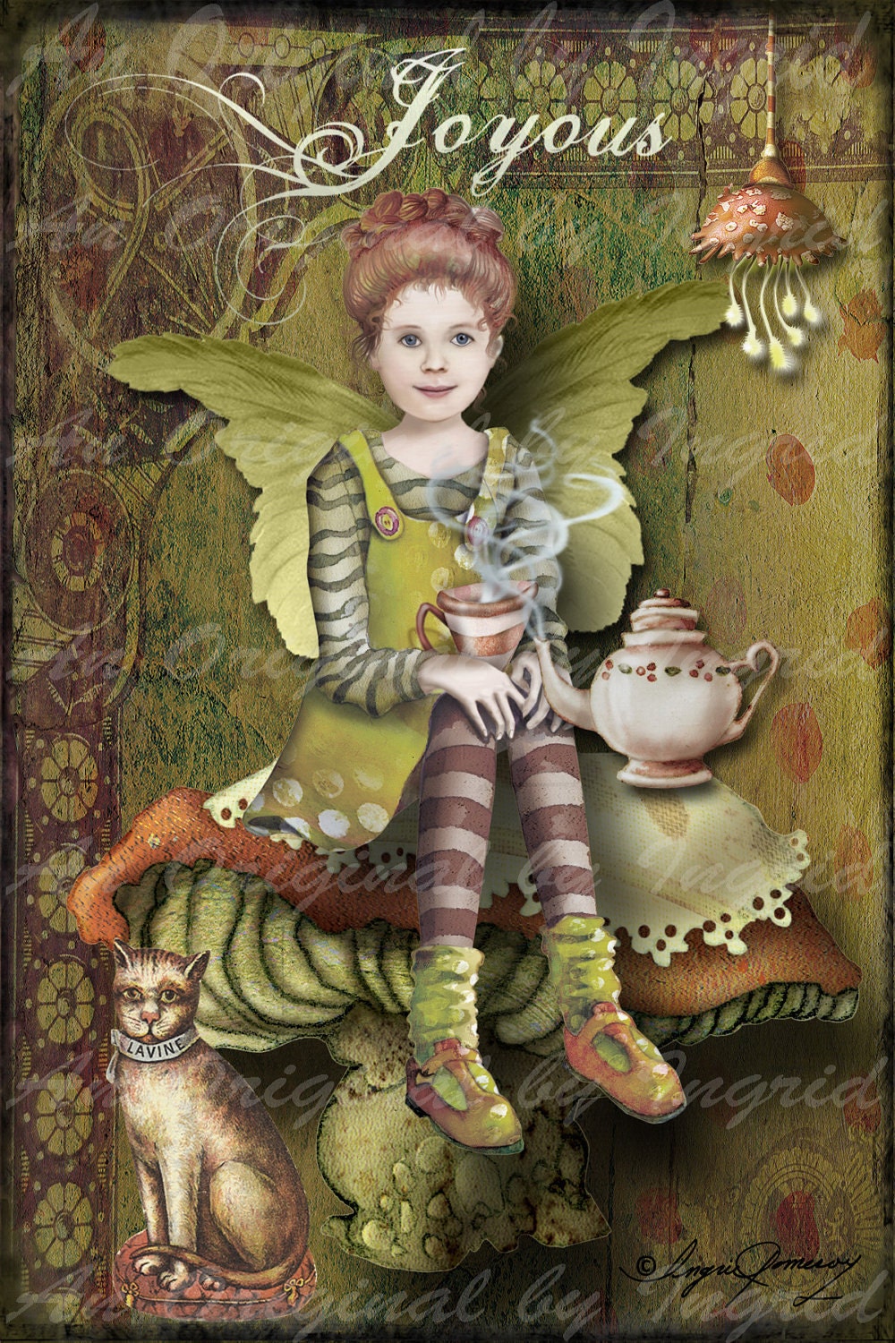 Fairy on a Toadstool Digital Collage Greeting Card (Suitable for Framing)