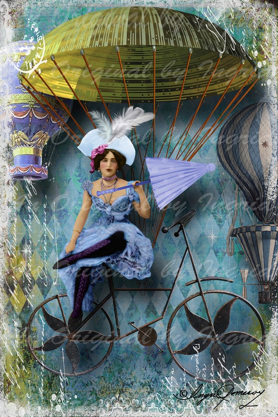 Hot Air Balloon Circus Digital Collage Greeting Card (Suitable for Framing)