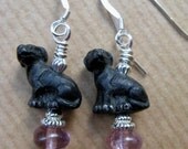 Black Ceramic Dog and Purple Glass Bead Sterling Silver Earrings - Shadow