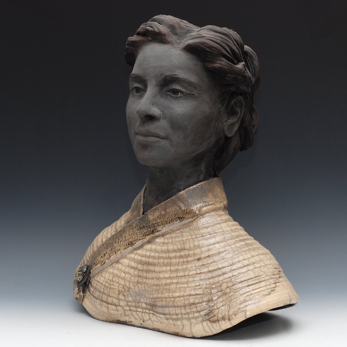 Kwan Yin Young Woman Sculpture Bust in Raku Elegance