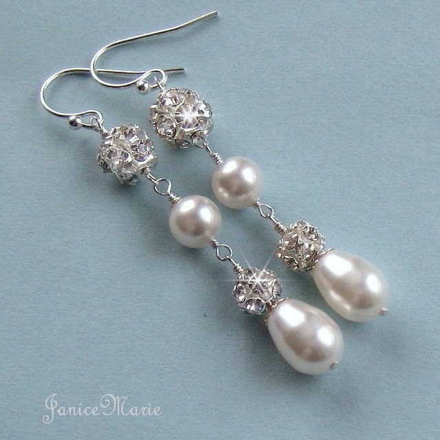 Pearl Earrings - Teardrop Pearls and Rhinestone Fireballs with White or Ivory Pearls - Wedding Jewelry - Long Drop Dangle Bridal Earrings