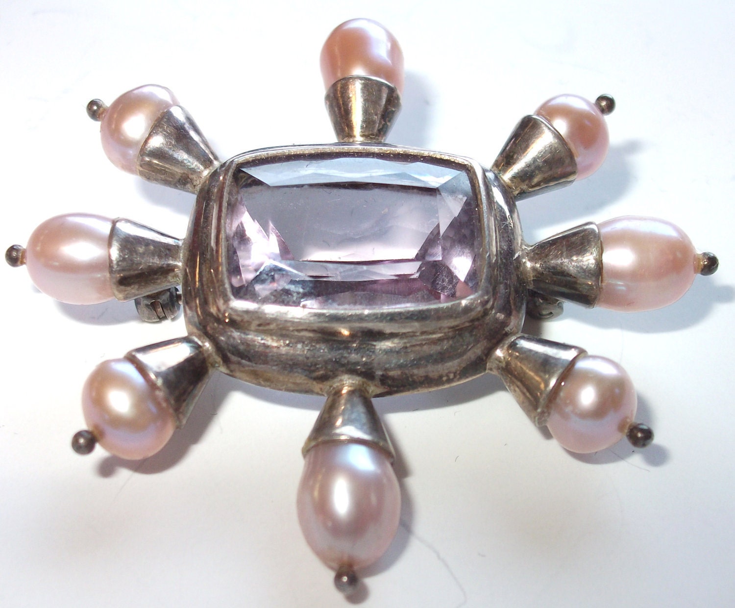 Vintage Sterling Janice Girardi Amethyst And Pink Pearl Pin Brooch