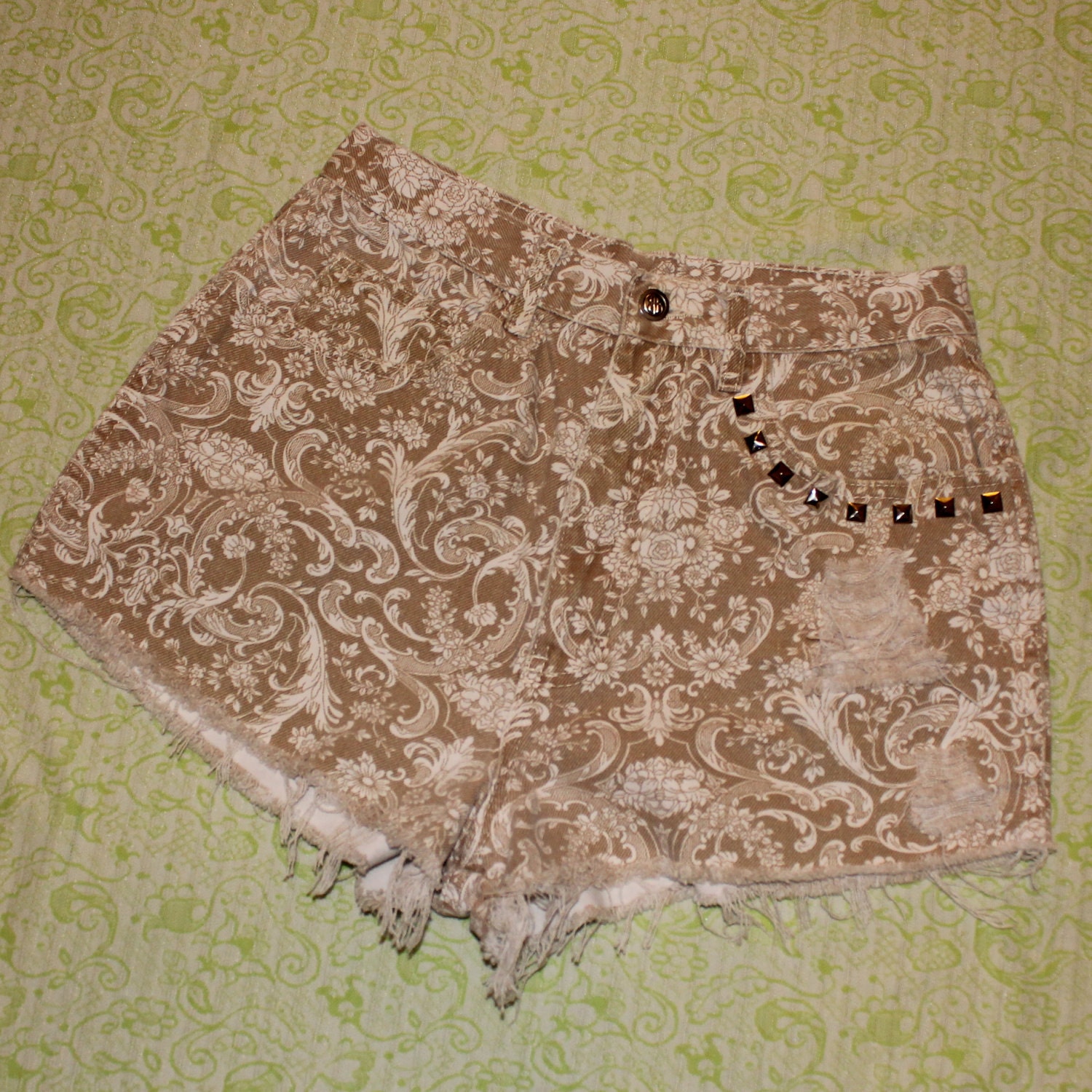 tan floral studded denim shorts