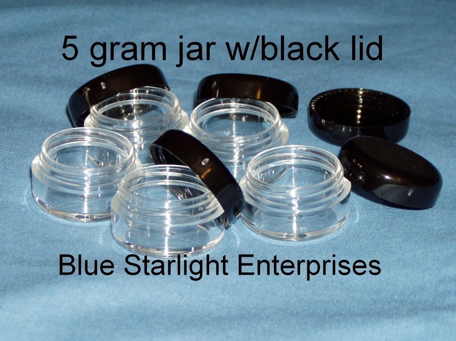 500 - 5 gram jars black lids for makeup samples, bead storage, paint, etc.. item 205N