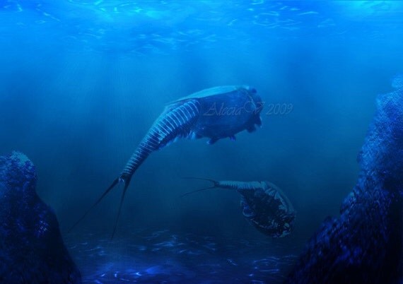 Collage photography under water photography 4x5 - geek wall art triops blue sea monster mixed media collage wall hanging - Cretaceous Ocean