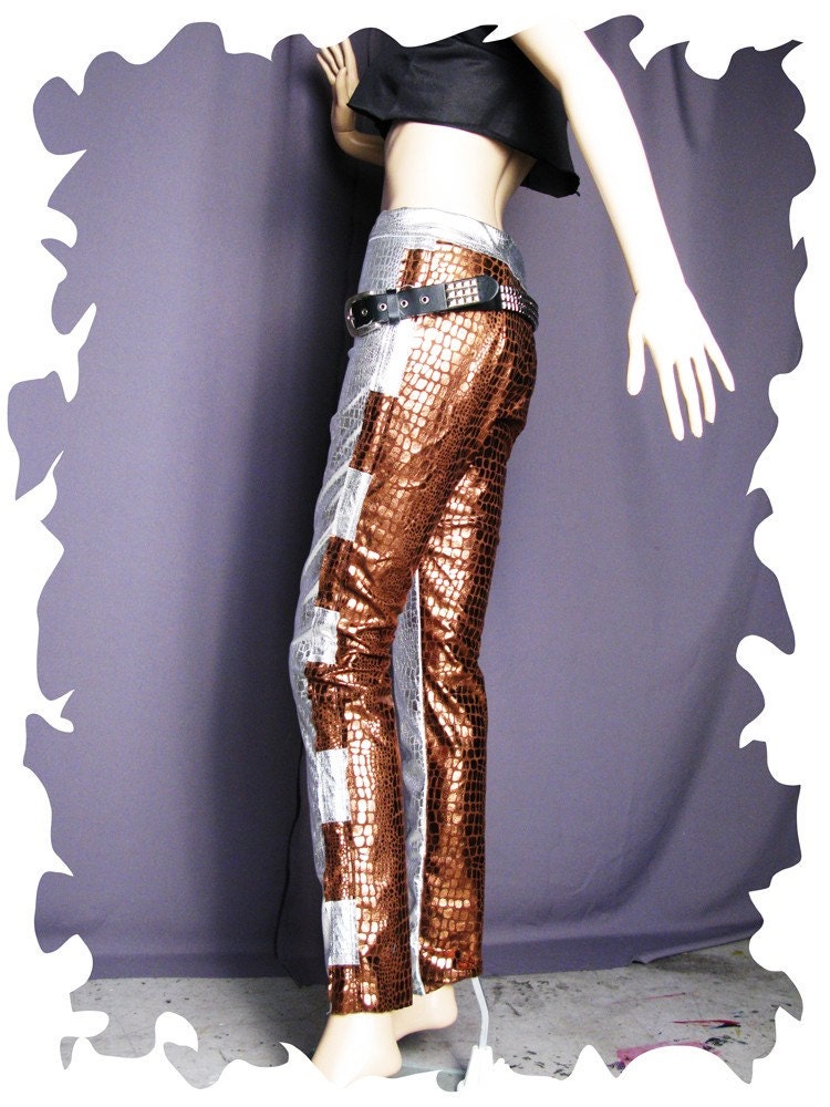 Skinny Leg Jeans Silver Bronze Reptile, Apocalyptic Lady Gaga. Crude Cigarette Pants