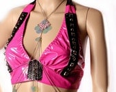 Heavy Metal Halter Top, Black Pink Warrior Spike Bra pvc alligator skin vinyl Gothic Glam Metal Tribal Fusion Belly Dance festival Cosplay