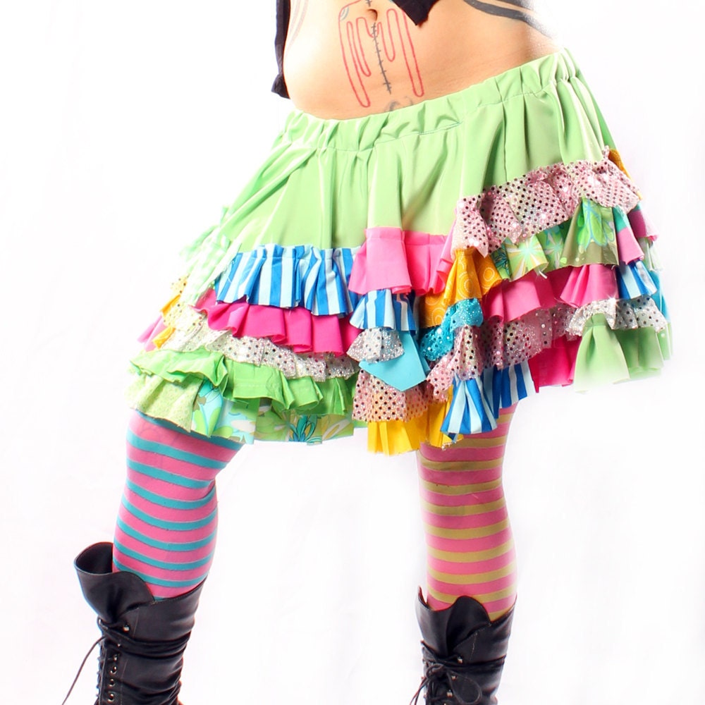 Carnival Skirt. Full Circle Delicious bright colors pink blue green yellow Flower Dots Stripes Patchwork Ruffles mini twirl Gothic Lolita