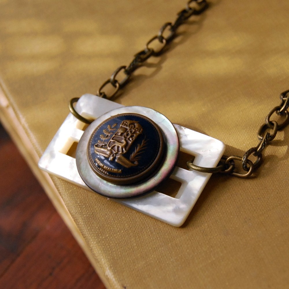 Vintage Button Necklace Brass Shield Recycled Jewelry