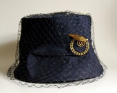 Vintage Hat Navy Blue Linen Cloche Hat with Veil