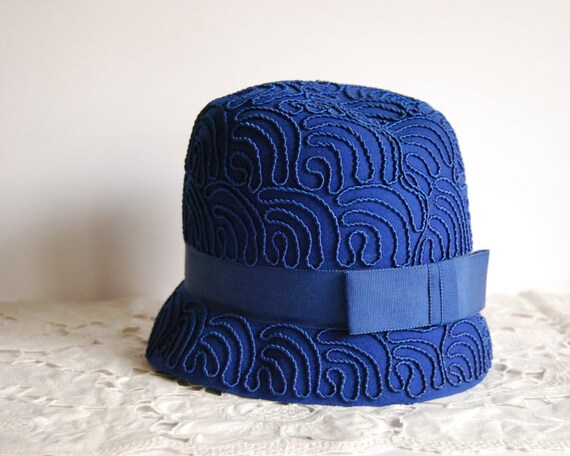 1960s Vintage Hat Mod Cloche Valerie Modes Cobalt Blue Wool