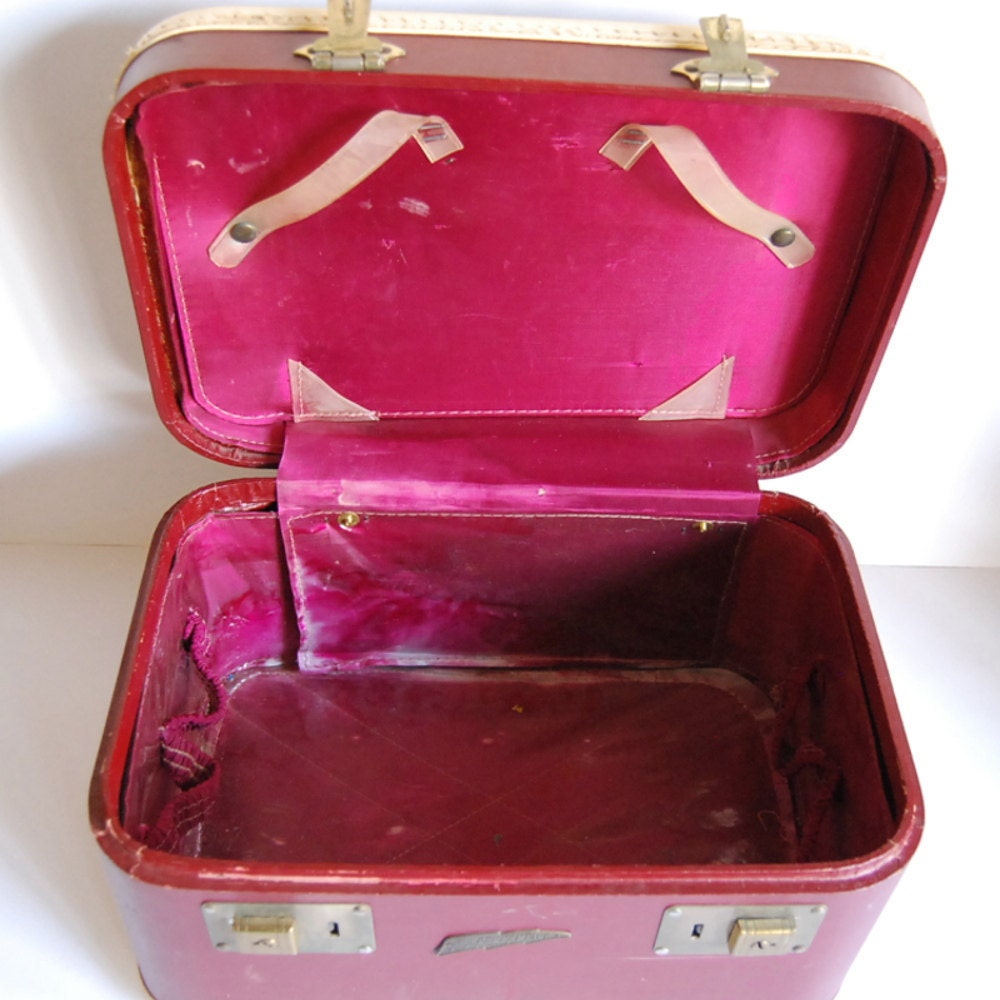Reserved for Annabella -- Vintage Luggage Train Case Burgundy Red Horn Pennantone Rice Stix Suitcase