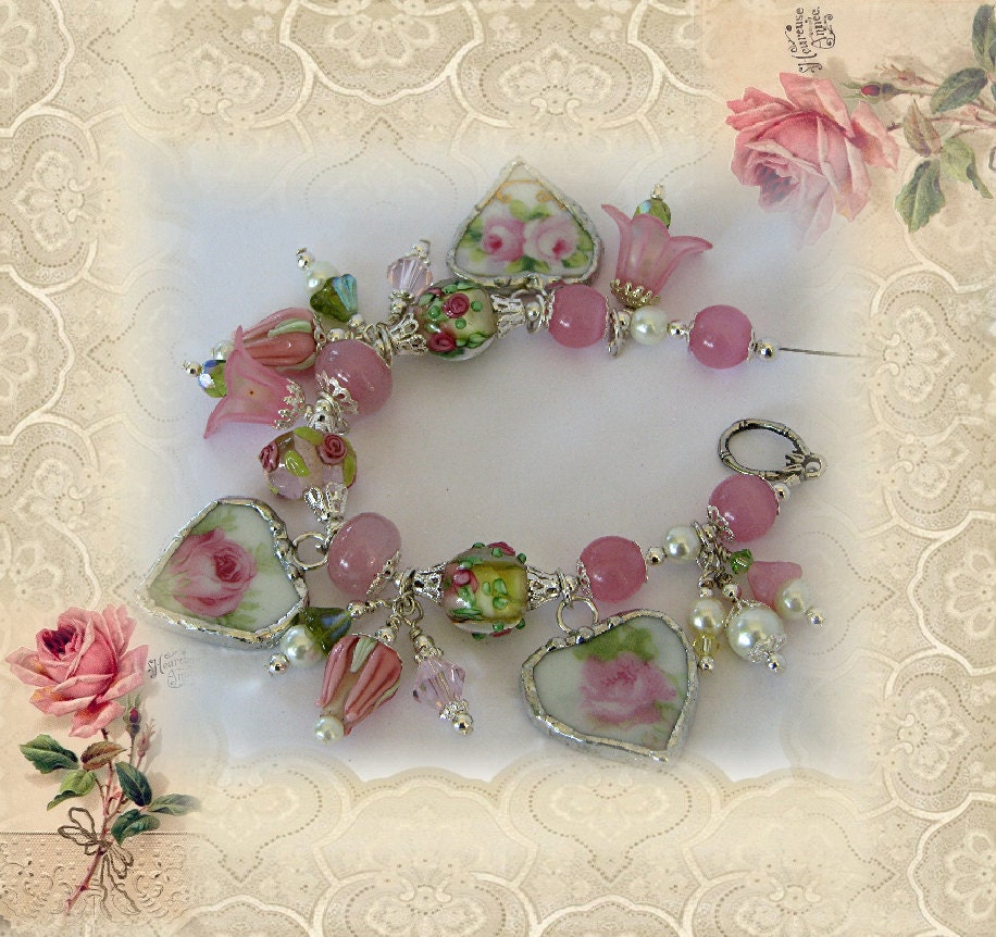 Broken China Bracelet - Charm Bracelet - Handmade Vintage China Bracelet - Pink Rose Bracelet