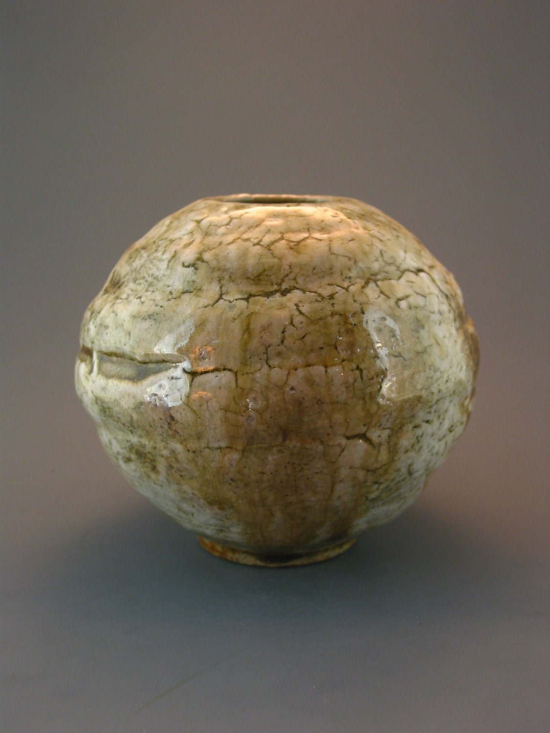 Ikebana Vase, wood-fired stoneware w/ crawling shino and natural ash glazes