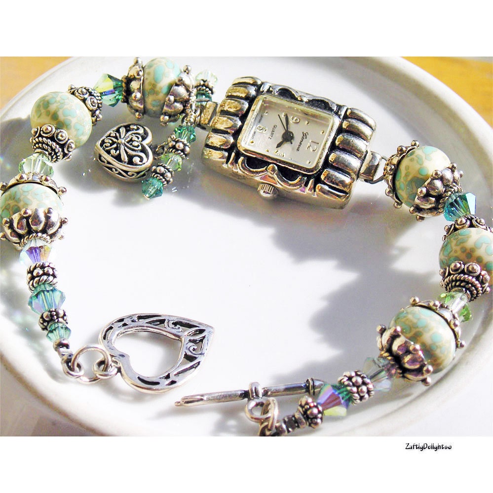 Beaded Watch Bracelet, Sterling Silver, Lampwork Glass, Swarovski crystals, Aqua Cream Mint Seafoam