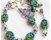 Bracelet Earrings Pendant Set, Lampwork Glass Grapes, Green Purple VIolet