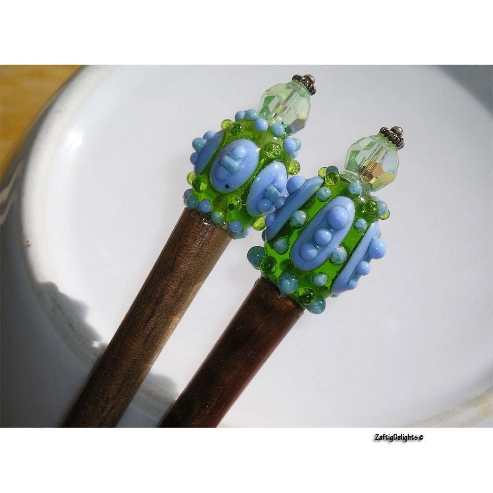 HairStyx Hair Sticks Lampwork Beads Green Blue on Koa Wood Swarovski Crystals
