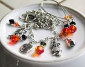 Necklace Earrings Set, Sugar Skulls, Day of the Dead, Orange & Black Swarovski Crystals Sterling Silver