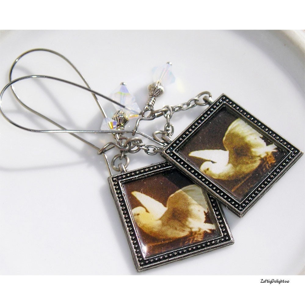 Earrings, Altered Art Peace Dove, Swarovski Crystals White, La Paloma Blanca