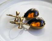 Glass Pear Earrings, Cognac Smokey Topaz,  Antique Brass Earwires Bows