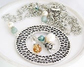 Charm Necklace Pendant, Eiffel Tower Paris, Silver Swarovski Crystals, Pearl Aqua Topaz