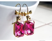 Rhinestone Earrings Rose Pink Vintage Swarovski Antique Brass Bow Earwires