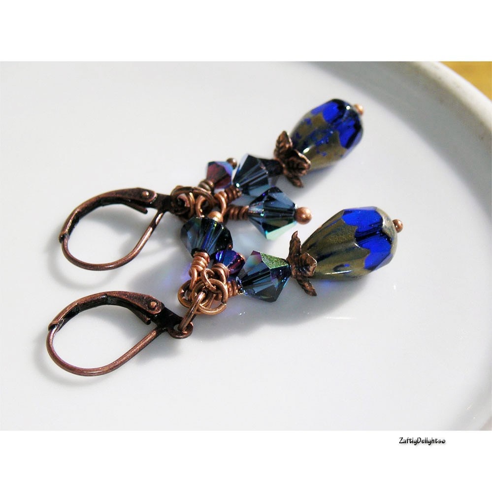 Earrings, Sapphire Blue Czech Glass Beads, Swarovski Crystals Antique Copper