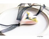 Heart Pendant, Lampwork Glass Black Ribbon, Pink White Blue Yellow Gold, Sterling Silver - Heart on a String