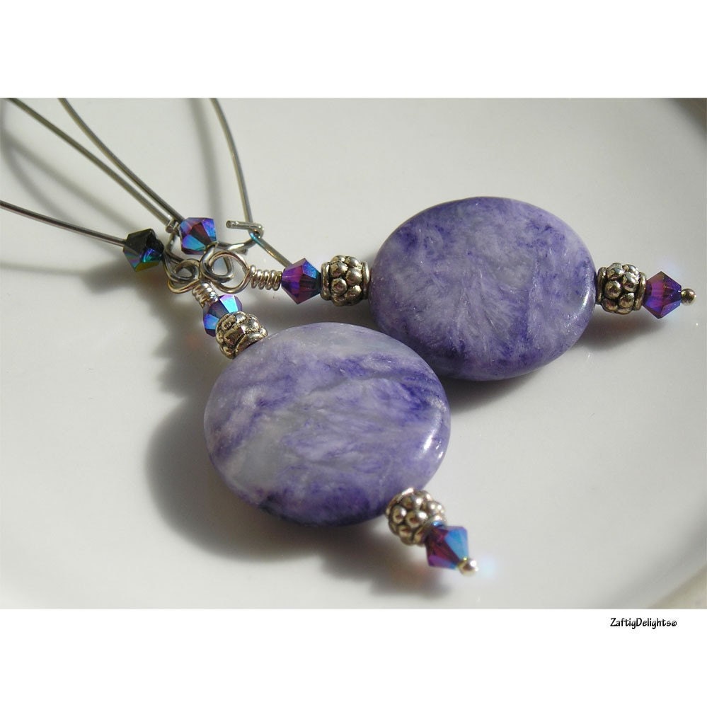 Earrings Purple Dyed Turquoise Coin Beads Extra Long Kidney Wires Swarovski Crystals