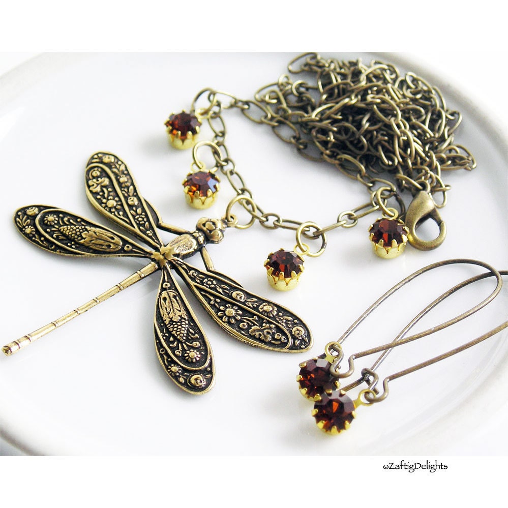 Necklace Earring Set, Dragonfly Amber Topaz Rhinestones Antique Brass