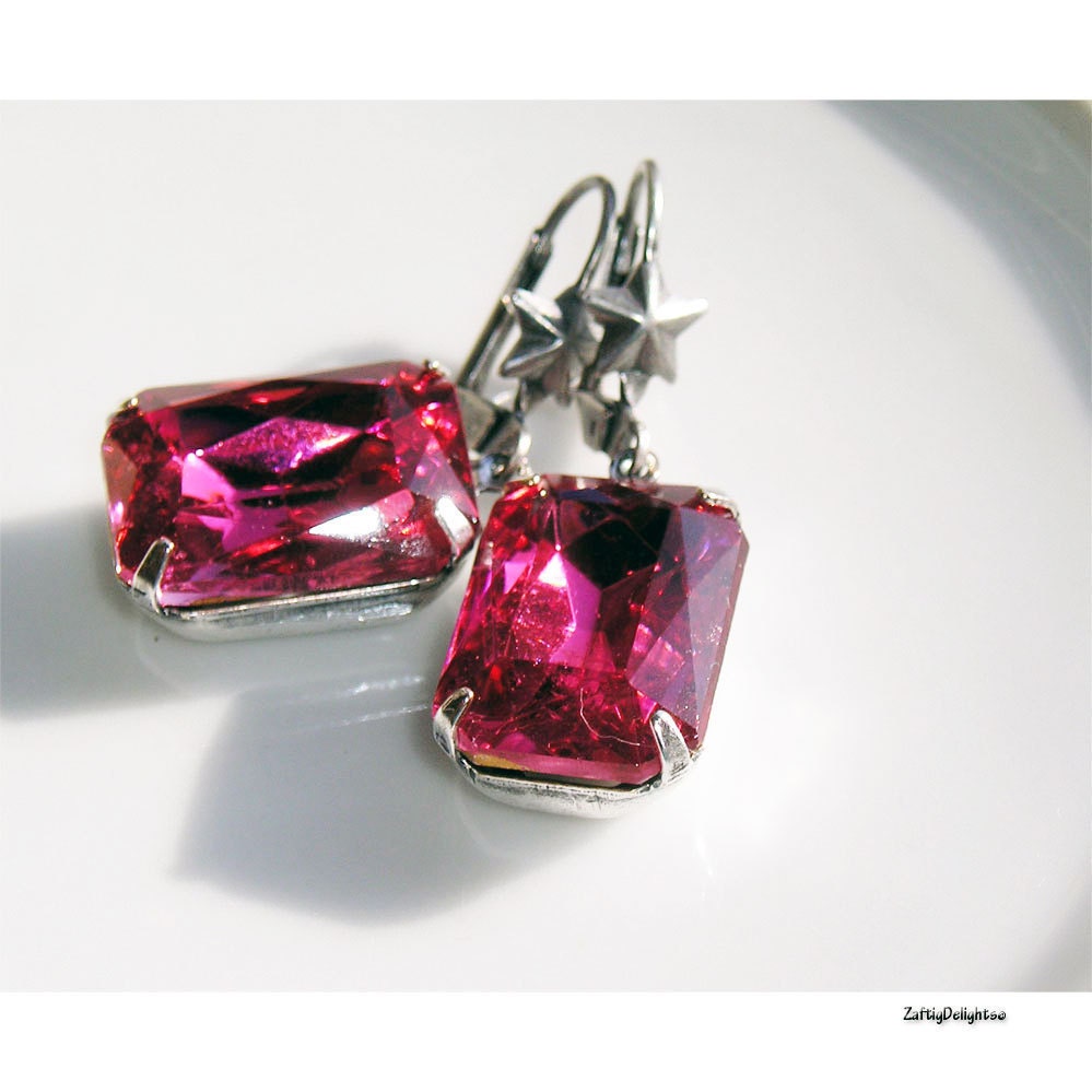 Rhinestone Earrings Vintage Swarovski Emerald Cut Rose Pink Antique Silver Stars, 50's Estate