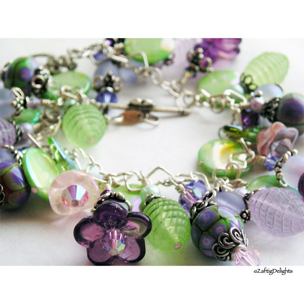 Charm Bracelet, Spring Flowers, Purple Lilac Mint Green, Lampwork Glass Beads, Vintage Lucite, Swarovski Crystals Sterling Silver