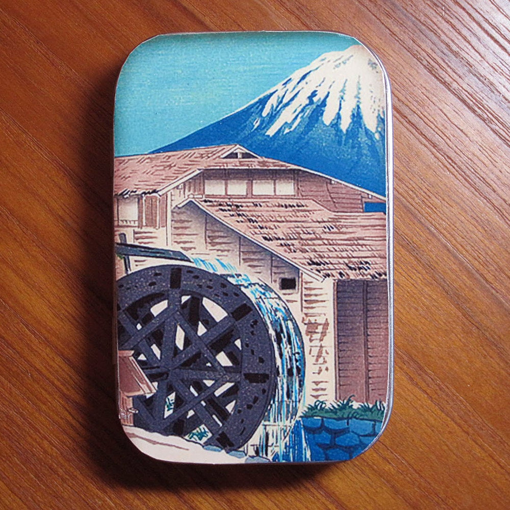 Mount Fuji and Water Wheel Design Metal Hinged Picture Box