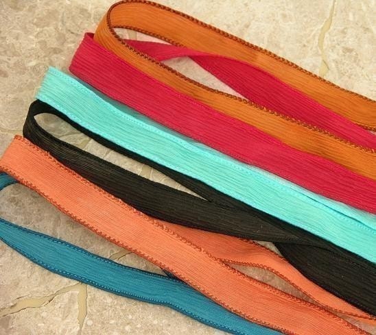 Silk Ribbons Assortment Southwest 6 Hand Dyed Sewn Strings Terracotta Turquoise Black Red