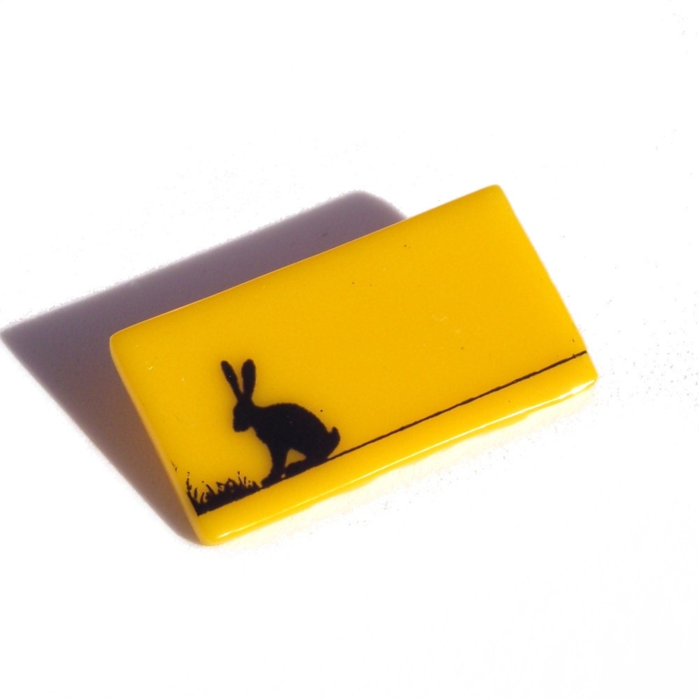 Yellow Hare Pin Brooch Glass Black Enamel