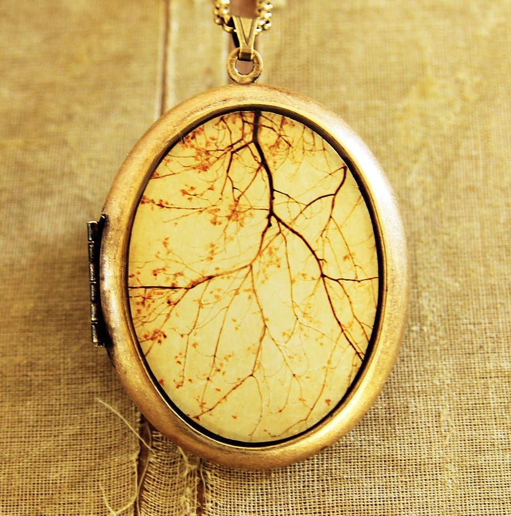 Falling - Gold Autumn Harvest Nature Scene Photo Locket Necklace - Oval Grande Edition
