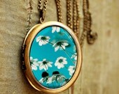 Photo Locket - Delicate - Flower Photography White and Turquoise Photo Locket Necklace