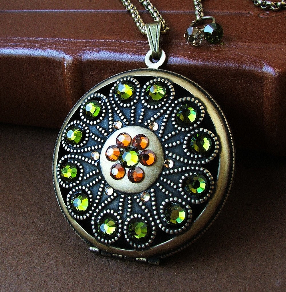 Brass Medallion Locket with Swarovski Crystal accents -Tuscany - Crystal Locket Necklace