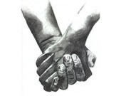 Holding Hands Art Print Sign Valentines Day Gift  Black and White Grey Charcoal Sketch Love Wall Decor Valentine's Day Gift for Him Present