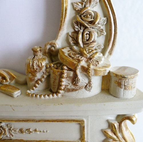 Baroque Picture Frame -Vanity Table Hollywood Regency Style Unique Rare Ornate Decorative Shabby Chic Roses Gold Cream Hat Boxes Jewelry Perfume Bottles Books Whimsical  Paris French Chic Parisian Apartment Decor