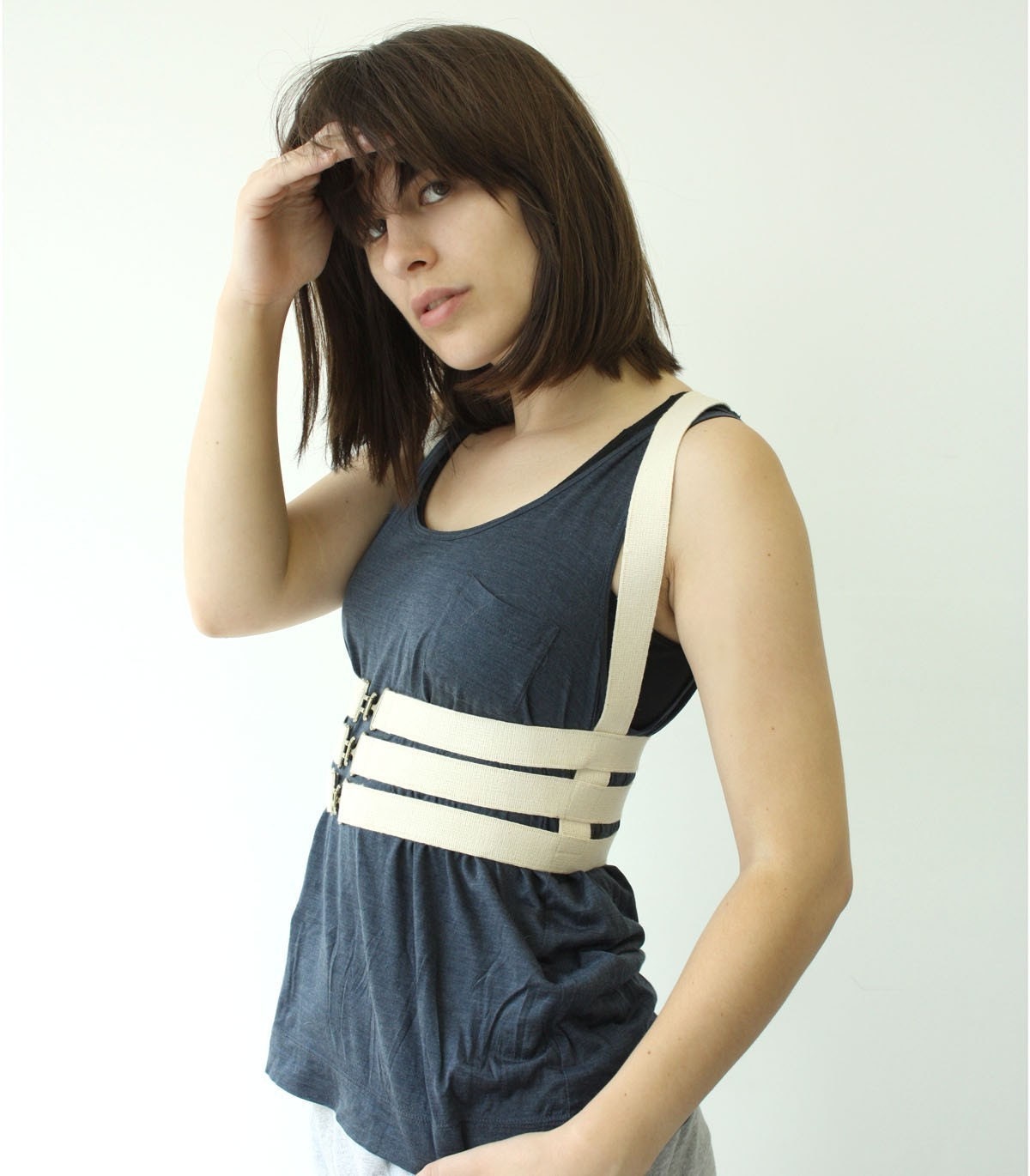 Elastic Harness -  Natural with Brass buckles - S/M